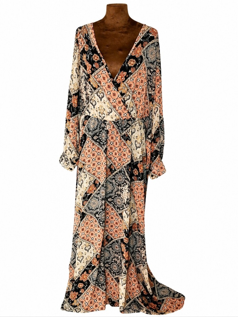 Indigo Rose Maxi Dress Long Sleeve Patchwork Print Size L Fall Flowy New